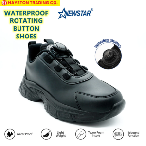 NewStar W727B Primary Black School Shoes Waterproof Rotating Button Lightweight Kasut Hitam Sekolah Rendah Ringan