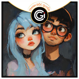 Tranh vẽ tình yêu cặp đôi dễ thương. Tranh treo tường dán tường sơn dầu canvas. CGI-1496