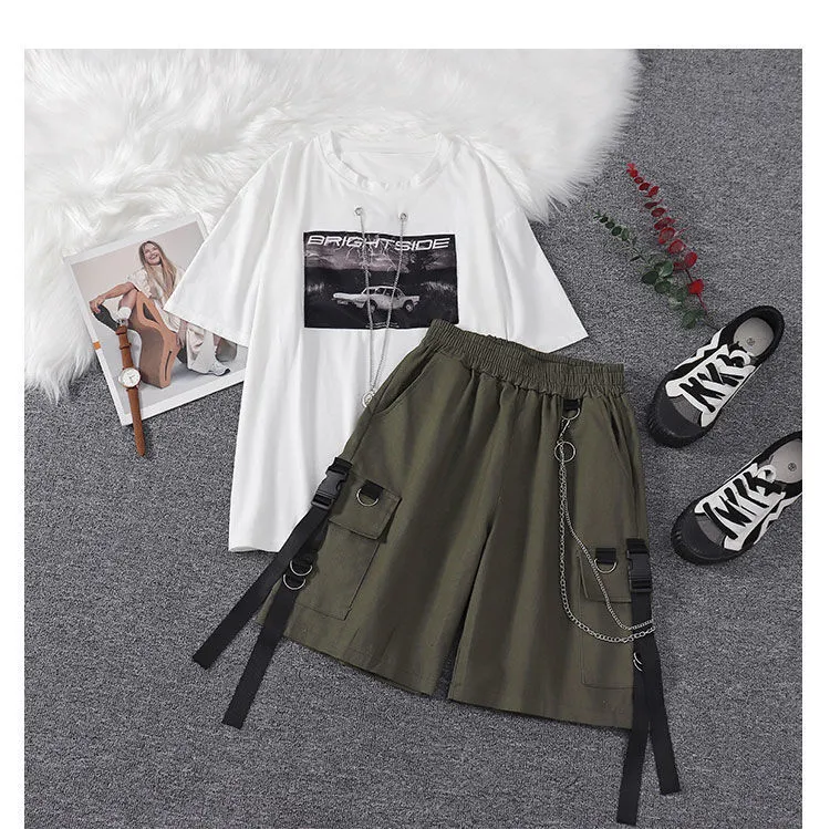 NEW 2023] Summer Unisex Two-piece For Women Cargo Set Korean Fashion T  Shirt Hippie Aesthetic 2 Piece Sets Wide Leg Shorts Tomboy Outfits