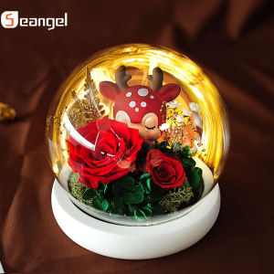 Seangel Immortal Real Flower Big Rose Glass Cover Finished Deer Doll Artificial Flower Collectible Dried Flower Decoration for Girlfriend Birthday Christmas Womens Day gifts