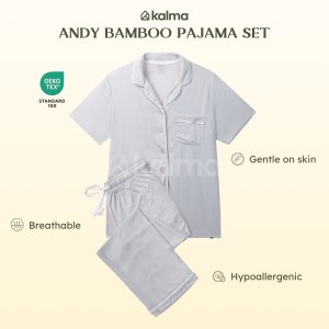 Kalma Bamboo Sleepwear Pajama Set for Women (STONE) | Short Sleeve Button Up Shirt with Long Pants | Andy Collection