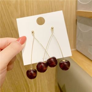 QOY7719 1 คู่ น่ารัก ผลไม้ พู่ ยาว เชอร์รี่แดง เครื่องประดับ ต่างหูห้อย ต่างหูสตั๊ด ต่างหูหล่น