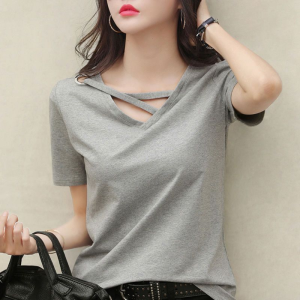 Blouse Plus Size Womens Summer Collar Korean Style Loose Casual V-neck Short-sleeved T-shirt