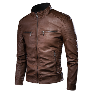 Southern winter warm button fashion domineering biker men multi-pocket PU jacket stand-up collar zip cardigan leather jacket