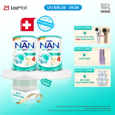 [CHỈ 25-29.08 QT ĐƠN 599K/999K/1299K] [Tặng Xửng hấp] Bộ 2 Lon Sữa bột Nestlé NAN OPTIPRO PLUS 4 với 5HMO xuất xứ Thụy Sĩ - Hộp 800g cho bé từ 2-6 tuổi - Sữa công thức dinh dưỡng cho trẻ giúp hỗ trợ tiêu hóa đề kháng trí não và phát triển toàn diện