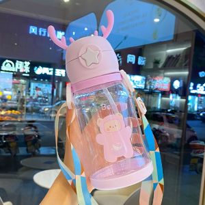 Babys Straw Sippy Cup Antler Drinking Bottle with Strap Belt