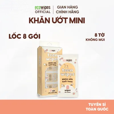 Hộp 20 khăn giấy ướt mini size EcoWipes gói 8 tờ không mùi nhỏ gọn tiện dụng cho học sinh sinh viên