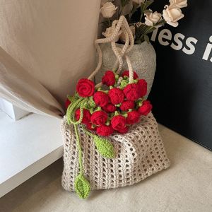 Bohemian Rose Bouquet Weave Bag Cotton Rope Crochet Knitted Flower Shoulder Bag Storage Bag Hollow Out Rose Beach Bucket Bag2026