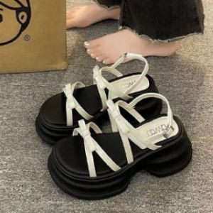 [Free Shipping] Bow-Tie Round-Toe Open-Toe Platform Sandals For Women Summer Casual Buckle Thick-Soled Strap Sandals