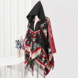 IFFINE Cashmere giả Áo choàng poncho có mũ Kiểu dáng rộng rãi Tua rua Áo khoác du lịch cỡ lớn Boho Họa tiết hình học Áo choàng Bohemian Dành cho Nam Giới và Nữ Giới