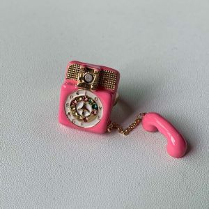 DJDK Enamel Glaze Telephone Enamel Ring ic Detachable Shiny Rhinestone ic Split Ring Niche Design Jewelry Vintage Style Gold Plated Ring Party Night