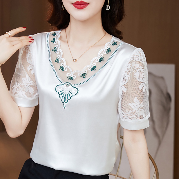 Women Lace Blouse Elegant Hollow Out Short Sleeve Shirt Ladies Casual Top V  Neck Stitching Satin Flower T-shirt Plus Size Lazada PH