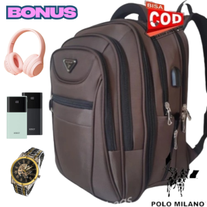 Tas Ransel Polo Milano Pria Kanvas Abu Tua/Abu Gelap/Cacao/Burgundy Gaya Bisnis Tahan Air