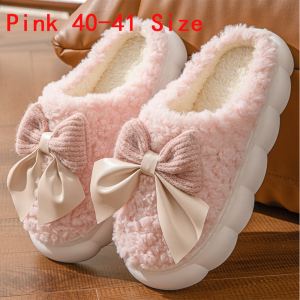 1 Pair Winter Warm Plush Womens Slippers Cute Bow Tie Comfortable Breathable Indoor Slippers Anti Slip Soft Flat Shoes