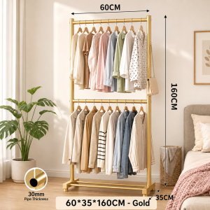 Heavy Duty 2 Tier Double Rod Clothes Rack Metal Garment Hanger Stand Floor Standing Bedroom Laundry Drying Storage Organizer Rack