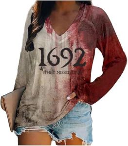Womens Bloody Shirt Halloween Horror Red T long sleeve shirt V Collar top T shirt