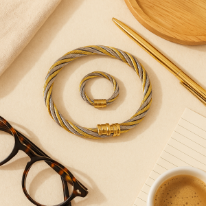 Twisted Cable Bangle with Gold Accents and Matching Ring
