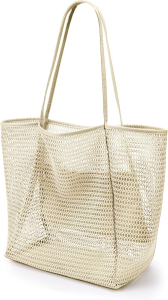 1pc Beach Bag with Mini Pocket Large Mesh Tote Bag  Foldable Mesh Swimming Bag Summer Casual Shoulder Bag