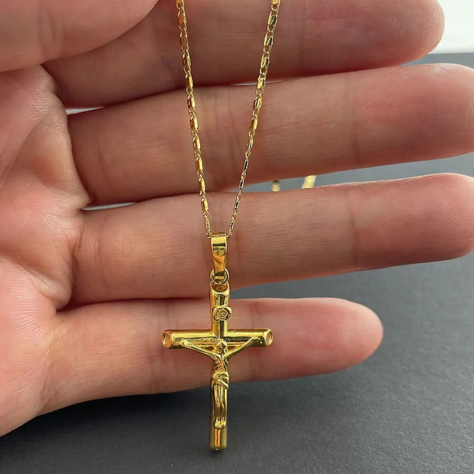 24K Gold Rope Chain Style Cross Pendant Necklace Solid Clasp for  Men,Women,Teens 3mm Miami Cuban Link Diamond Cut 20