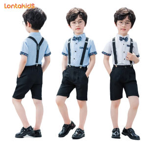lontakids Boys Formal Gentleman Suit Set Blue White Short Sleeve Shirt with Bowtie Suspender Shorts for Kids 2-12 Years