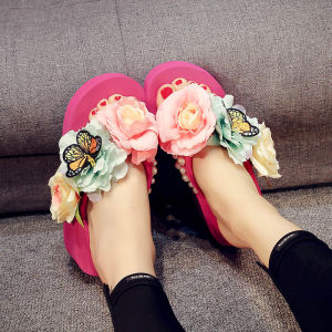 [Free Shipping] Summer Beach Wedge Sandals Handmade Butterfly Flip-Flops Floral Thick-Soled Non-Slip Outdoor Sandals For Women