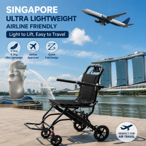 (SG ST0CK) Ultra Lightweight Airline-Friendly Travel Wheelchair Folding Portable Transport Wheelchair with 360° Rotatable Wheels