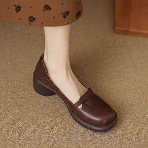 Free Shipping Autumn Soft Leather Round-Toe Chunky-Heel Flats For Women New Retro-Style Mid-Heel Small Leather Shoes Brown Mid-Heel Work Shoes