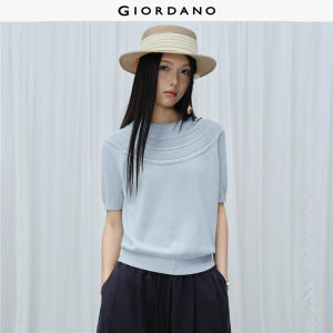 Giordano Women 100% cotton eyelet cable knit short sleeve sweater Free Shipping 18356213