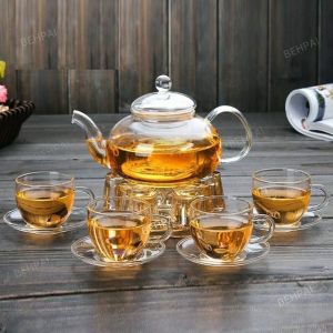 Glass Tea Set- Borosilicate Glass Teapot With Heart Shape Tea Warmer and 100 ml 4 Tea Cups with Saucer for Blooming Tea