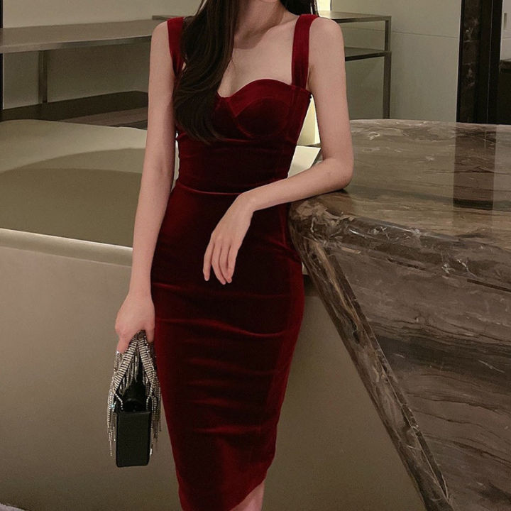 Women Velvet Wine Red Sling Dress Autumn Winter Retro Wrap Dress