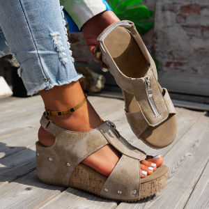 Free Shipping New Thick-Soled Wedge Sandals With A Fish-Mouth Design Featuring A Retro Style Large Sizes And Studded Detailing Along With A Mid-Heel And Zipper Closure – A Trendy Choice