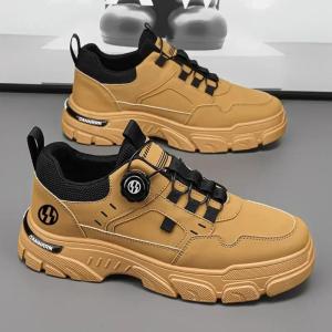 New Autumn Men Sneakers Leather Mens Shoes Outdoor Mountain Short Boots Rotating Buttons Work Shoes for Men Platform Travel