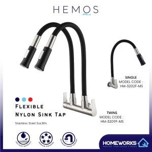HEMOS KITCHEN FAUCET SUS 304 BLACK FLEXIBLE TWINS SILICONE HOSE PAIP SINKI DAPUR HM-3202F.3209F-MS