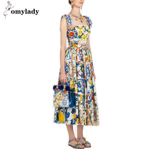 Summer Runway Flower Dress Self Portrait Womens Bow Spaghetti Strap Sundress Blue And White Porcelain Floral Long Dress
