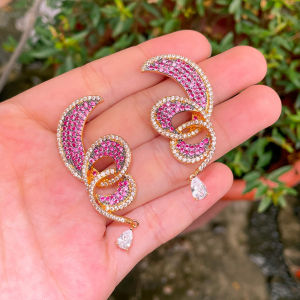 SEQUITO Elegant Gold Plated Rose Red Cubic Zirconia Unique Geometric Long Dangle Earrings Jewelry for Women SE454