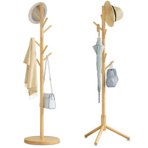 ราวแขวนเสื้อ ราวไม้ ราวแขวน ราวแขวนหมวก ราวแขวนกระเป๋า ที่แขวนผ้า ราวแขวนผ้าไม้ สามขา ฐานกลม แขวนกระเป๋า ราวผ้าตั้งพื้น เสาแขวน