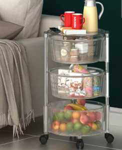 Clear Translucent Round Rotating KitcheTransparent Multi-Tiers Round Rotatable Storage Rack Movable Kitchen Organizer Shelf with Removable Hollow Basket Household Storage Shelves for Kitchen/Office/Bathroomn Trolley Storage Multifunctional