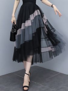 Fashion Patchwork Tulle Long Skirt Women 2026 Spring Summer Elegant High Street Mesh High Waist Pleated Midi Skirt Female