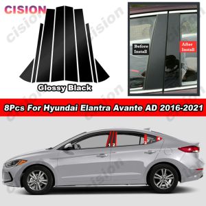 8Pcs Glossy Black PC Material Car Door Window Center Middle Column B C Pillar Post Cover Mirror Effect Trim Carbon Fiber Sticker For Hyundai Elantra Avante AD Sedan 2016 2017 2018 2019 2020