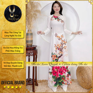 Áo Dài Lụa Habutai Truyền Thống Hoạ Tiết Hồng Trà Đỏ Cao Cấp K86 Trắng - Áo Dài Xuân Quỳnh