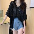 Somi RTW V-neck Side Drawstring Hollow Out Crochet Cover Up Oversize Knitted Beach Top M1328. 