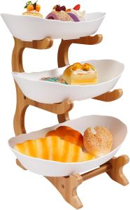 3 Tier Fruit Bowl for Kitchen Counter Large Capacity Tiered Fruit Basket Stand Bamboo Fruit Basket Fruit Serving Tray Snacks Nuts Bread Candy Storage Holder (Wood Beige)