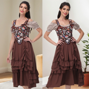 Women Victorian Vintage Mushroom Print Corset Top Adjustable Straps Overbust Bustier Lace Up Body Shaper Waist Cincher