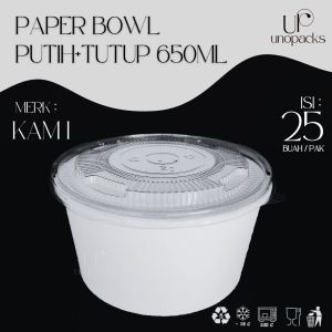 PAPER BOWL PUTIH 650ML WADAH MAKANAN MANGKOK KERTAS PLUS TUTUP BENING KAMI (25 PCS)