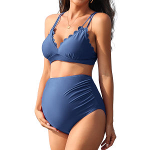 Charmo Maternity Swimsuit Women Two Piece High Waist Bikini Scallop Trim Bathing Suit Pregnancy Swimwear