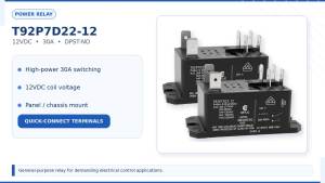 T92P7D22-12 Power Relay 6-1393211-9 (Pack of 2) - 12VDC 30A General Purpose High Power PCB Panel Mount Relay DPST-NO