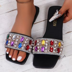 [Free Shipping] Plus-Size WomenS Slippers 2026 Summer New Style Rhinestone Flat Square-Toed Beach Sandals