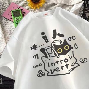 COD ✅{ Philippines stock]100% Cotton American Vintage Black Cat Printed Short Sleeved T-shirt Men/women Korean Ins Neutral Style Trendy Loose Half Sleeved Top