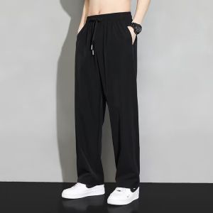Mens Plain Ice Silk Straight Wide-leg Elastic Waistband Pants Summer Original Fashion Loose Thin Jogging Pants Plus Size Running Sweatpants Trend Black\Dark Grey