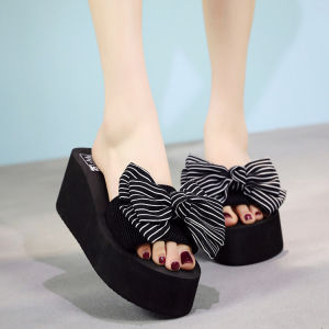 [Free Shipping] Summer Sweet Floral Slippers Bowknot Flip-Flops Beach Sandals WomenS Wedge Heel Sandals